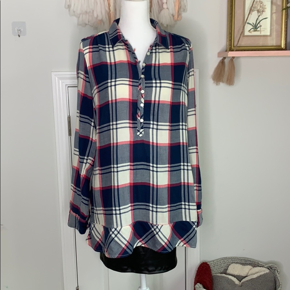 American Eagle Half Button Down Ruffle Hem Plaid